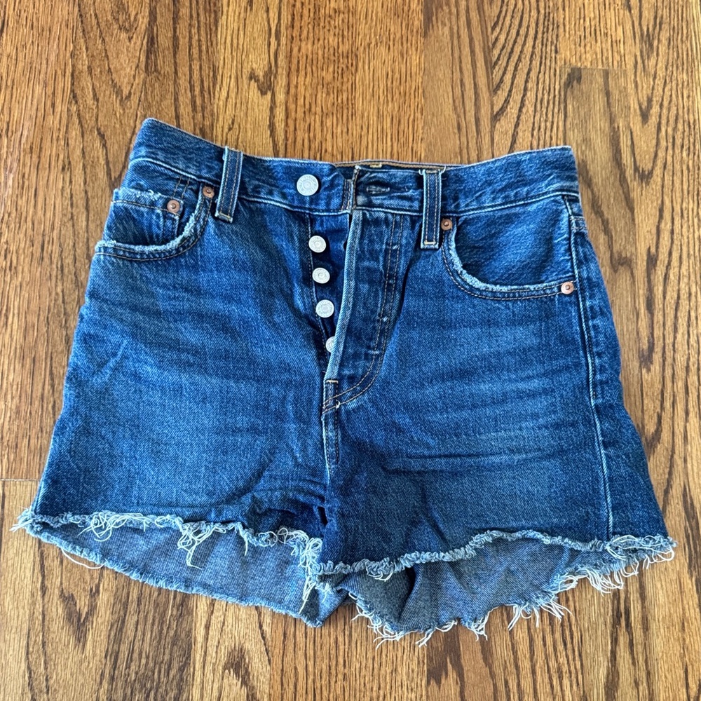 Levi's Dark Blue Ribcage Jean Shorts with Frayed Hem